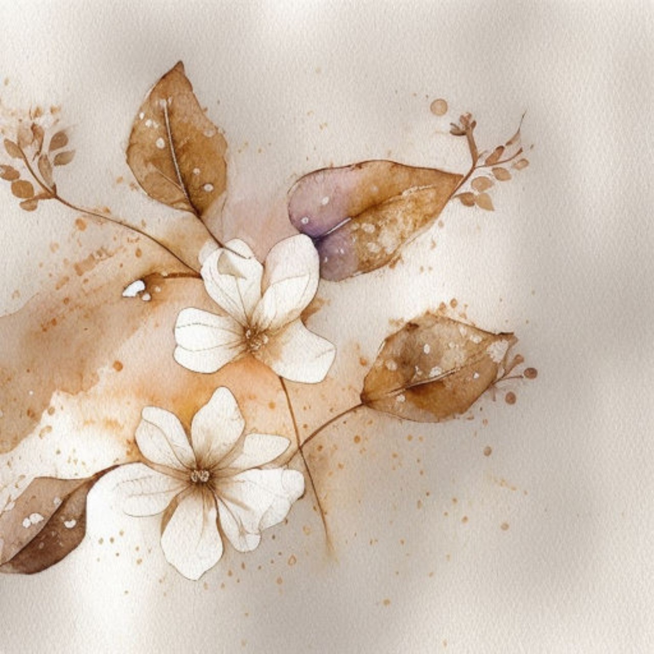 sepia watercolor branch of flower and leaves on a branch