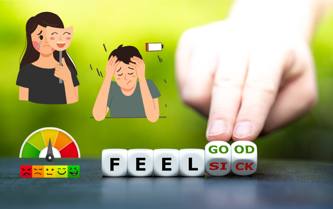 Illustration av barn som kämpar med känslor, en humörmätare och ordet FEEL med valen GOOD eller SICK.