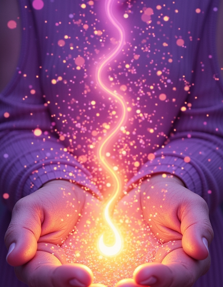 Torso of a lady in a purple jumper hands out upturned with a flame and glitter spiralling up