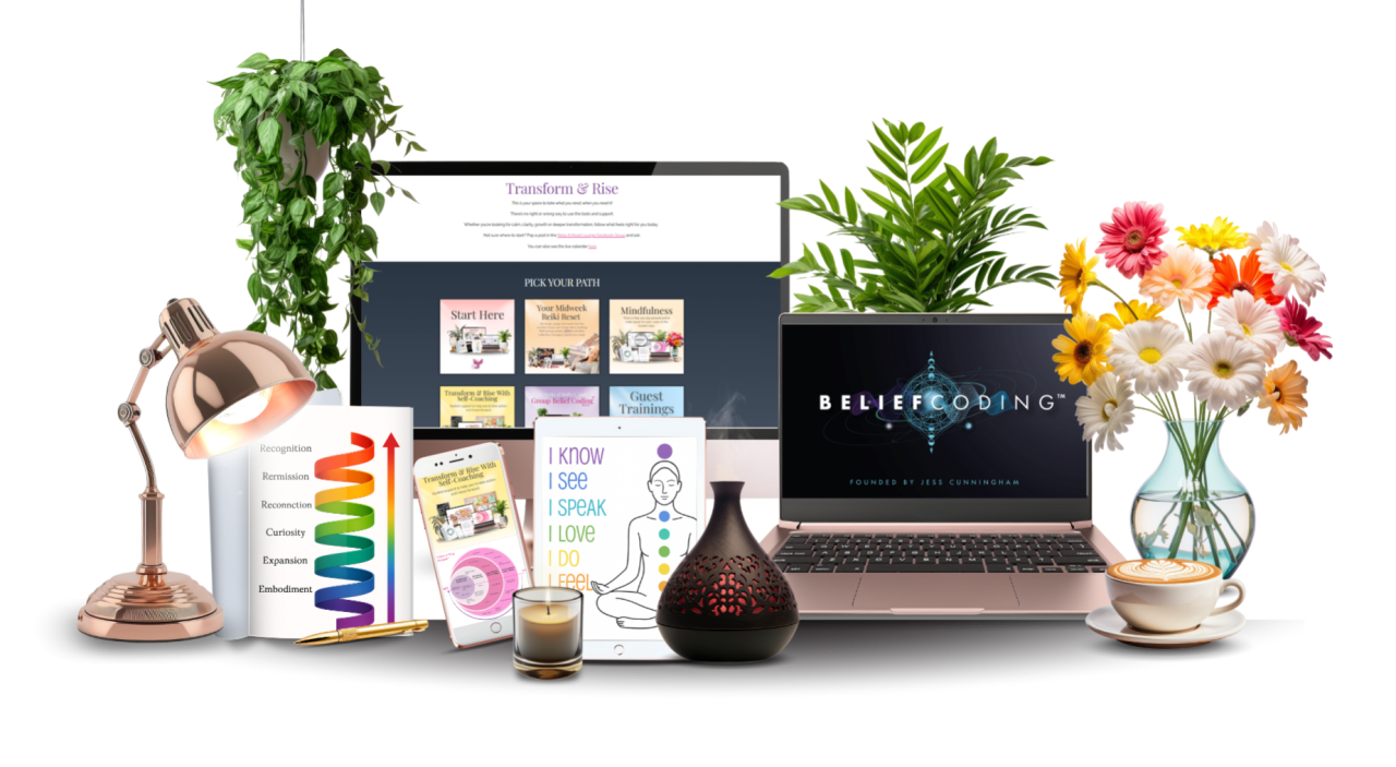 Lifestyle flat lay featuring Reiki & Reflect Hub membership resources, Belief Coding training, mindset tools, and emotional healing visuals created by Faye Casement for holistic midlife transformation.