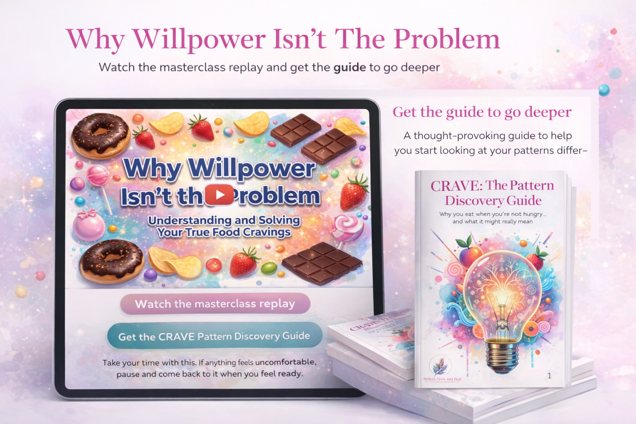 Graphic titled ‘Why Willpower Isn’t the Problem’ promoting a masterclass replay and guide on understanding food cravings, with images of sweets and a workbook called ‘CRAVE: The Pattern Discovery Guide.