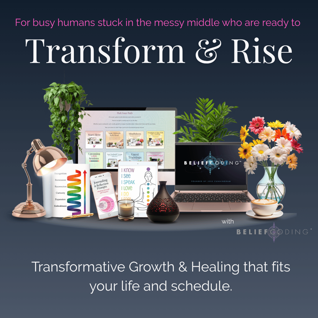  Promotional graphic for the Reiki & Reflect Hub – Transform & Rise, featuring belief coding tools, journaling prompts, and mindfulness coaching resources with Faye Casement. Showcases a vibrant membership dashboard and healing tools.