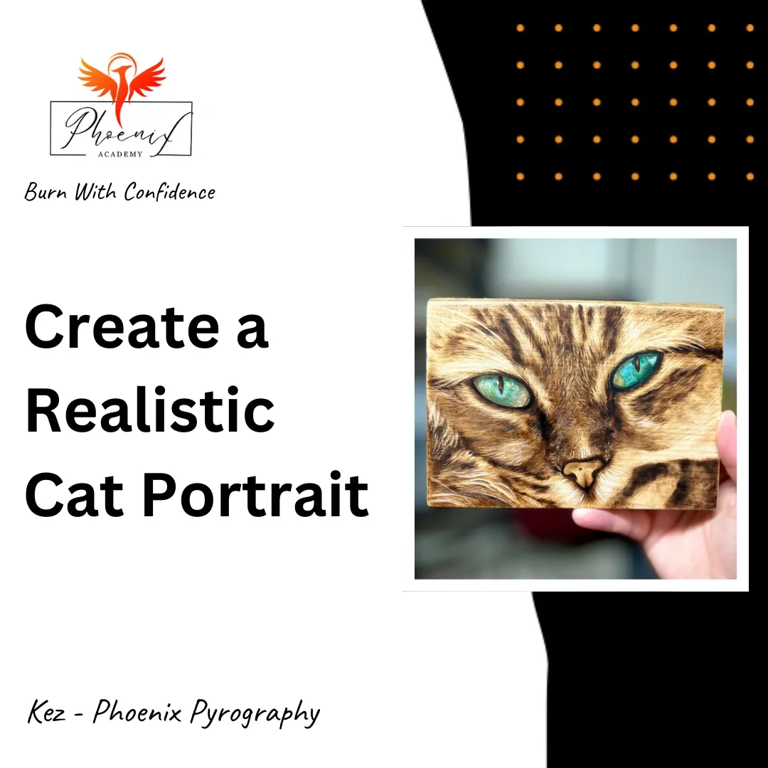 Realistic Cat Pyrography Portrait Tutorial – Phoenix Pyrography Phoenix Pyrography tutorial – create a realistic cat portrait with woodburning, shading, fur texture, and coloured pencils