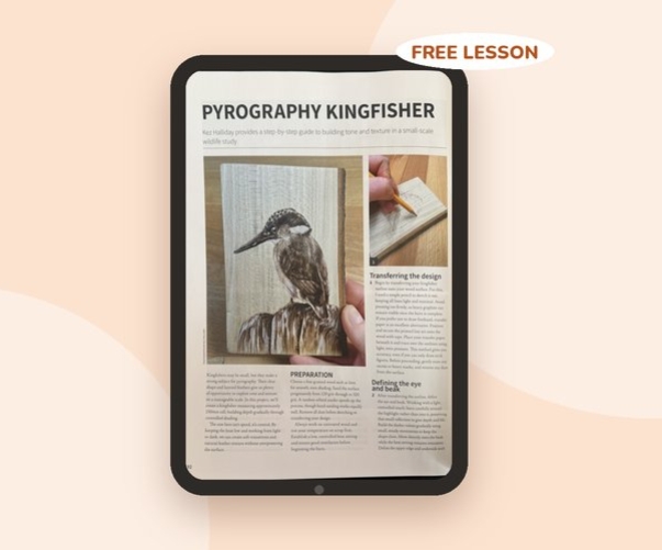 Free pyrography kingfisher lesson shown on a tablet