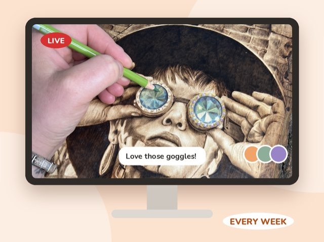 Live weekly Phoenix Membership pyrography class shown on a computer