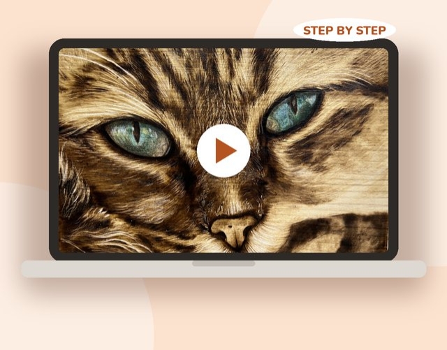Step-by-step pyrography cat portrait tutorial shown on a laptop