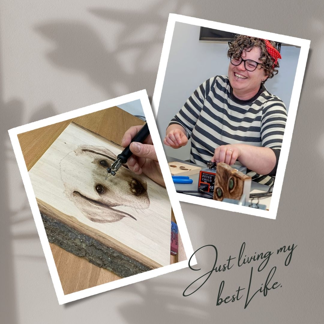 Beginner pyrography workspace with burner, wood, and woodburning ready