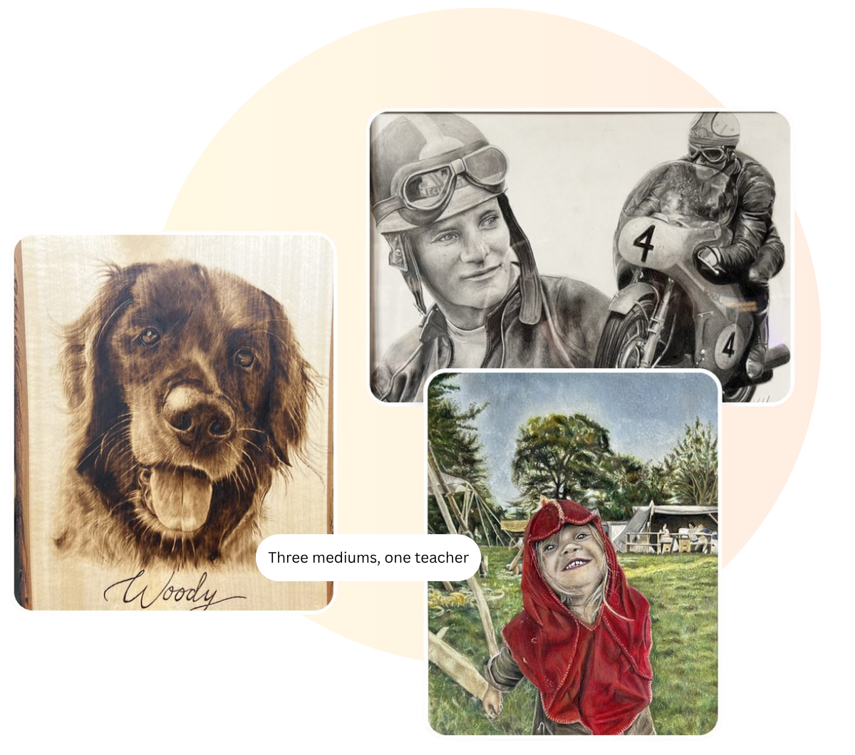 Realistic pyrography dog portrait, graphite motorbike drawing and coloured pencil portrait by Kez Halliday