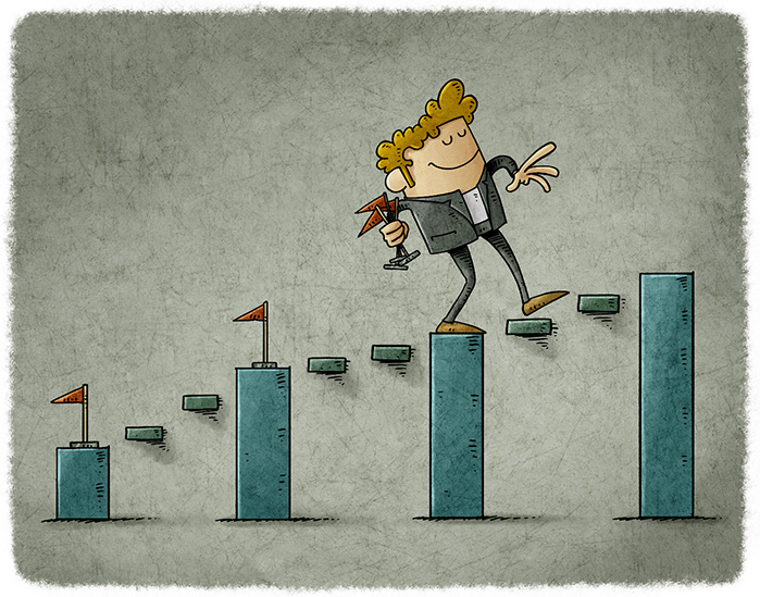 Illustration av person som glatt kliver uppför staplar markerade med små flaggor, symbol för att uppskatta och fira även små framsteg.