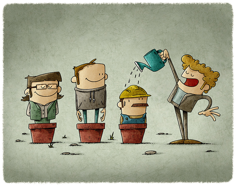 Illustration av en chef som vattnar medarbetare i blomkrukor – symbol för psykologisk trygghet och en sund arbetsplats där människor växer