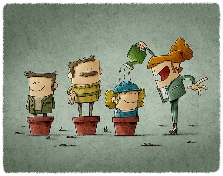 Illustration av chef som vattnar en medarbetare i blomkruka, symbol för uppskattning och hur människor växer av erkännande.