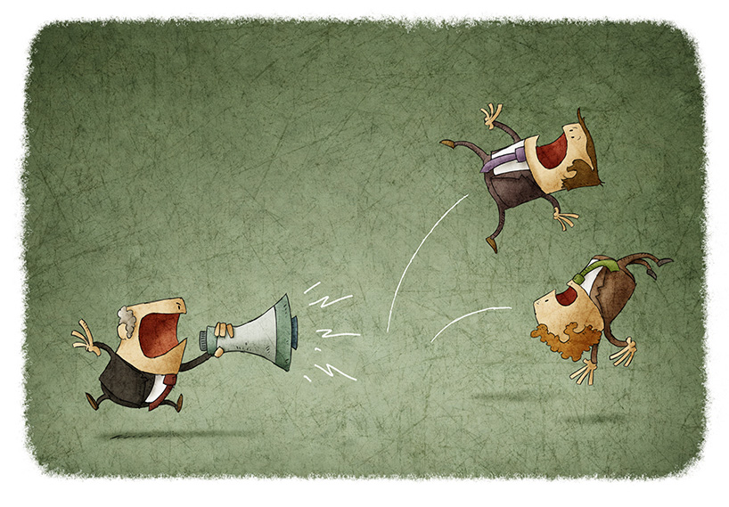 Illustration av chef som ropar i megafon och skrämmer medarbetare, symbol för brist på uppskattning och negativ arbetskultur.