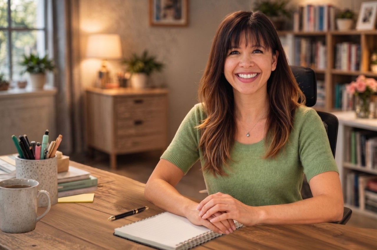 Author Jacqui Letran sitting at a desk at a book signing