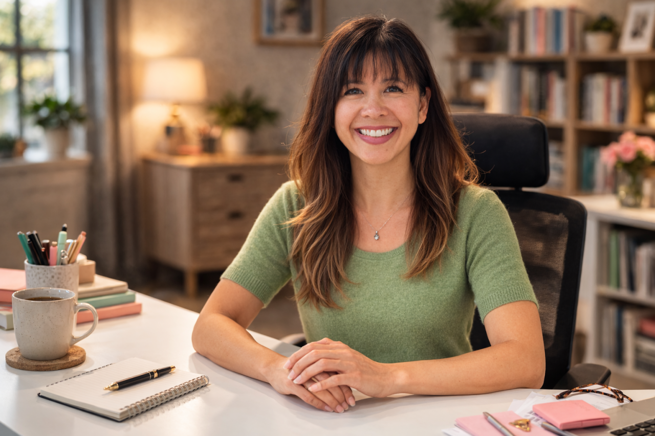 Author Jacqui Letran sitting at a desk at a book signing