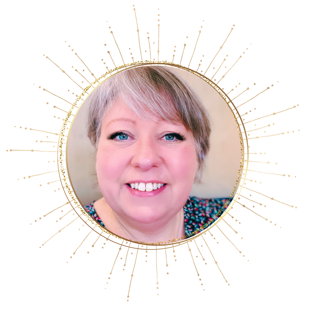 Callie Di Nello - CreaTEAvity Studio gold rays with a photograph of Callie Di Nello, founder of CreaTEAvity Studio