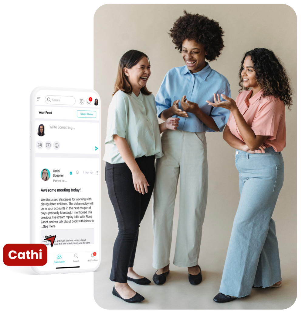 3 women standing an d talking to each other smiling