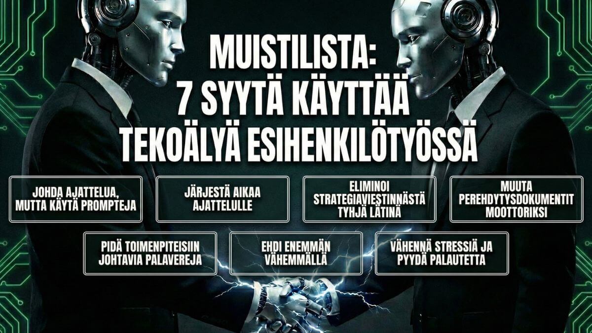 Muistilista: 7 syytä käyttää tekoälyä esihenkilötyössä ja kaksi robottia kuvassa kättelevät toisiaan