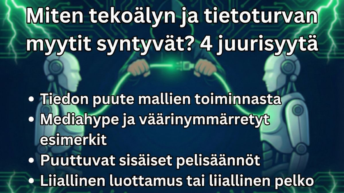 tekoälyn ja tietoturvan myyteistä 4 juurisyytä ja kaksi robottia, joiden piuhat aavemainen hahmo yhdistää