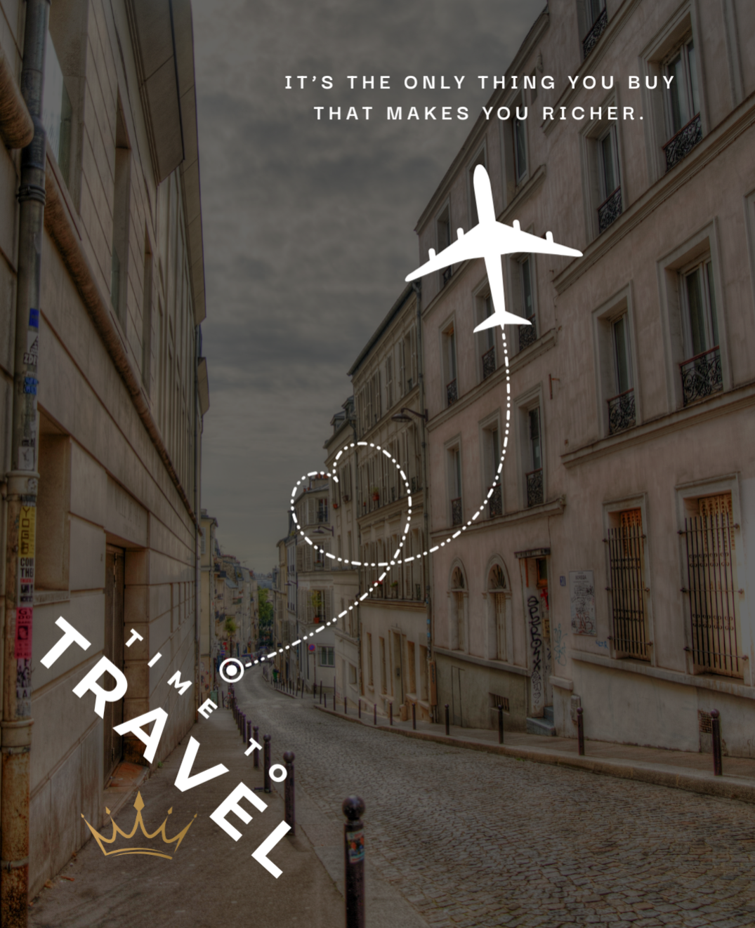 Bild på roms gator med texten 'It´s the only thing you buy that makes you richer.' och 'Time to travel' samt Art Of Crowns logga.