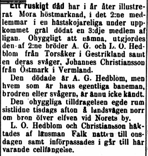 Tidningsurklipp från 1885 med notis om ett dödsfall under Mora marknad och koppling till bröderna Hedblom.