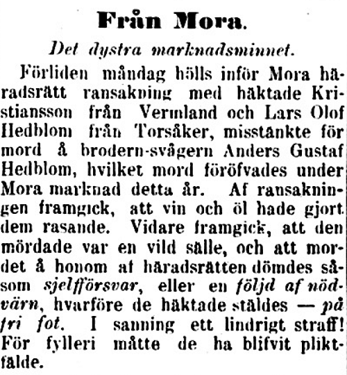 Tidningsurklipp från 1885 om rannsakningen efter händelsen vid Mora marknad.