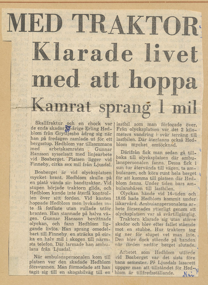 Tidningsurklipp om olyckan vid Boaberget där Erling Hedblom omtalas.