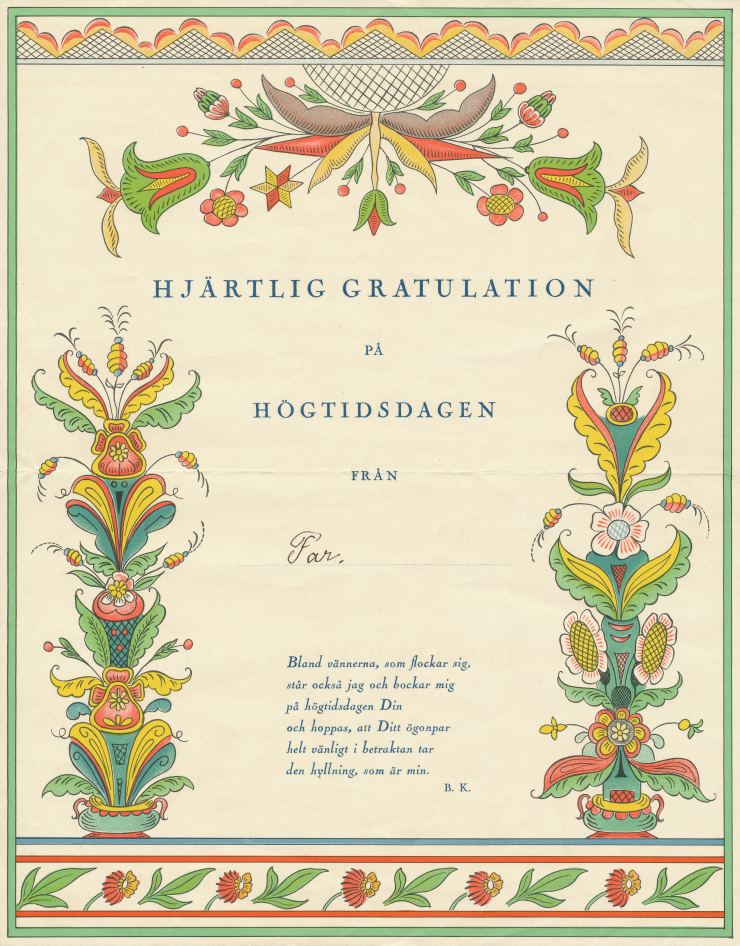 Dekorativt telegram med färgtryckt blomornamentik och text för högtidsdag.