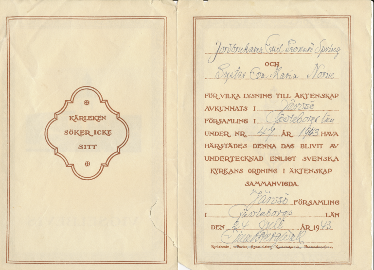 Öppet vigselbevis för Emil Leonard Spring och Syster Eva Maria Norin, med tryckt och handskriven text från Järvsö 1943.