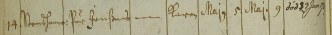 En födelsenotis ur födelse- och dopbok för Ljusdal. Källa: Ljusdal (X) CI:1 (1680–1731), fol. 19v. Födelsenotis ur födelse- och dopbok för Ljusdal 1680–1731, skriven med äldre handstil.