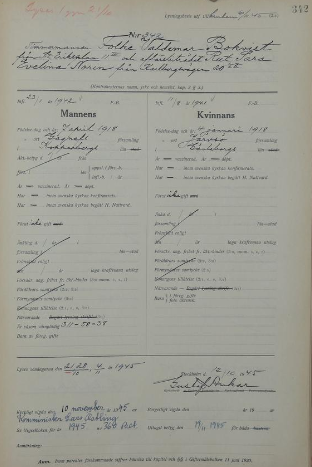 Dokument ur vigselhandlingarna för Rut Norin och Folke Bokvist.