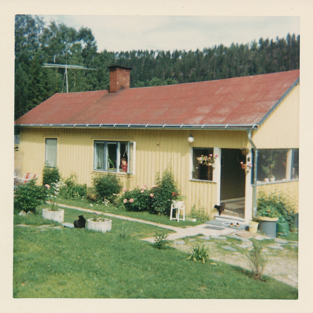 Färgfotografi av ett gult hus med trädgård i Storsved, där Eva och Emil bodde.