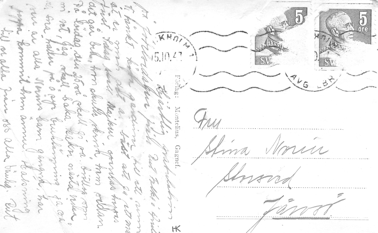 Vykort med stadsvy och handskriven hälsning från Rut till hennes mor Kristina.