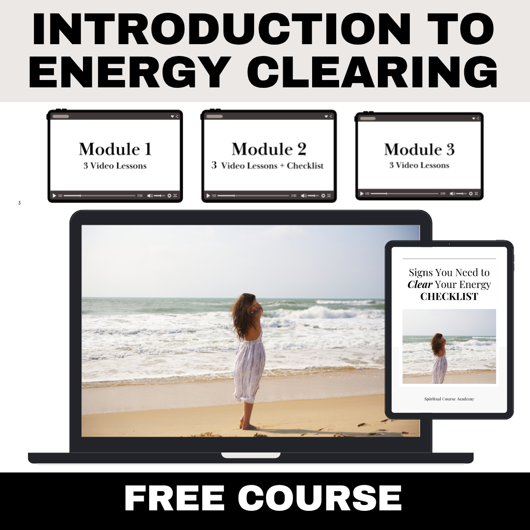 Mockup of the online course Introduction to Energy Clearing with modules and checklist.