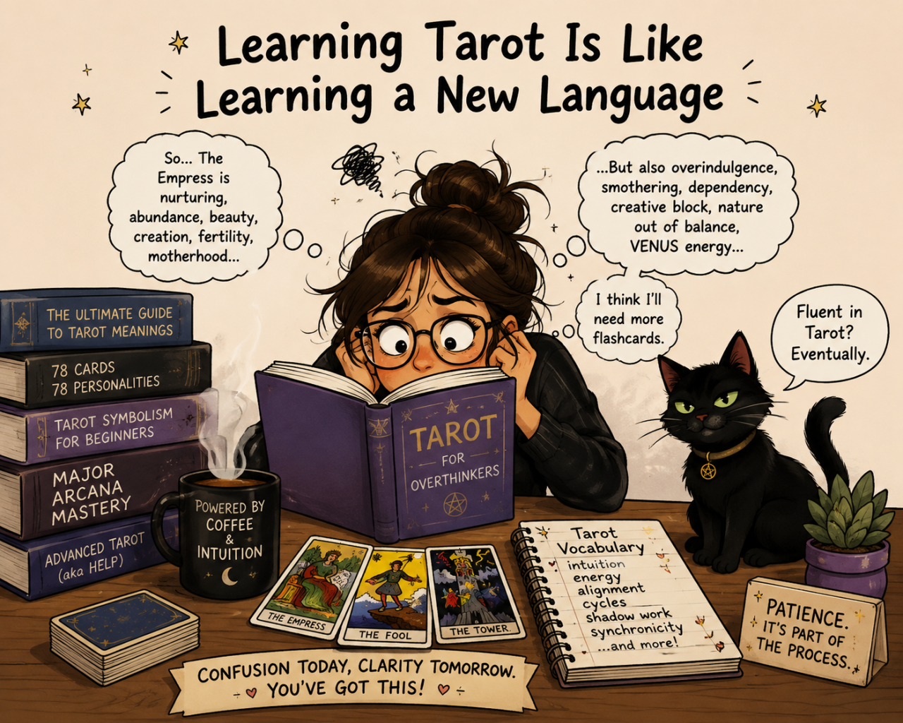 Funny illustration of a Tarot student overwhelmed while learning Tarot card meanings, showing how learning Tarot can feel like learning a new language.