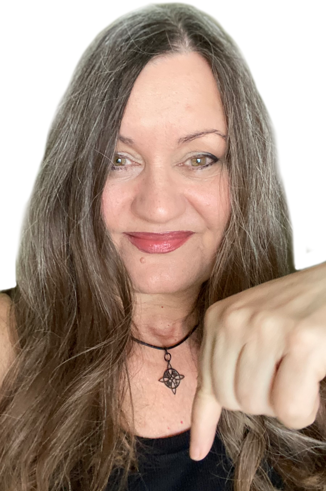 Daniela Hills, founder of GateLightElearning, pointing down to invite visitors to explore practical online spiritual courses