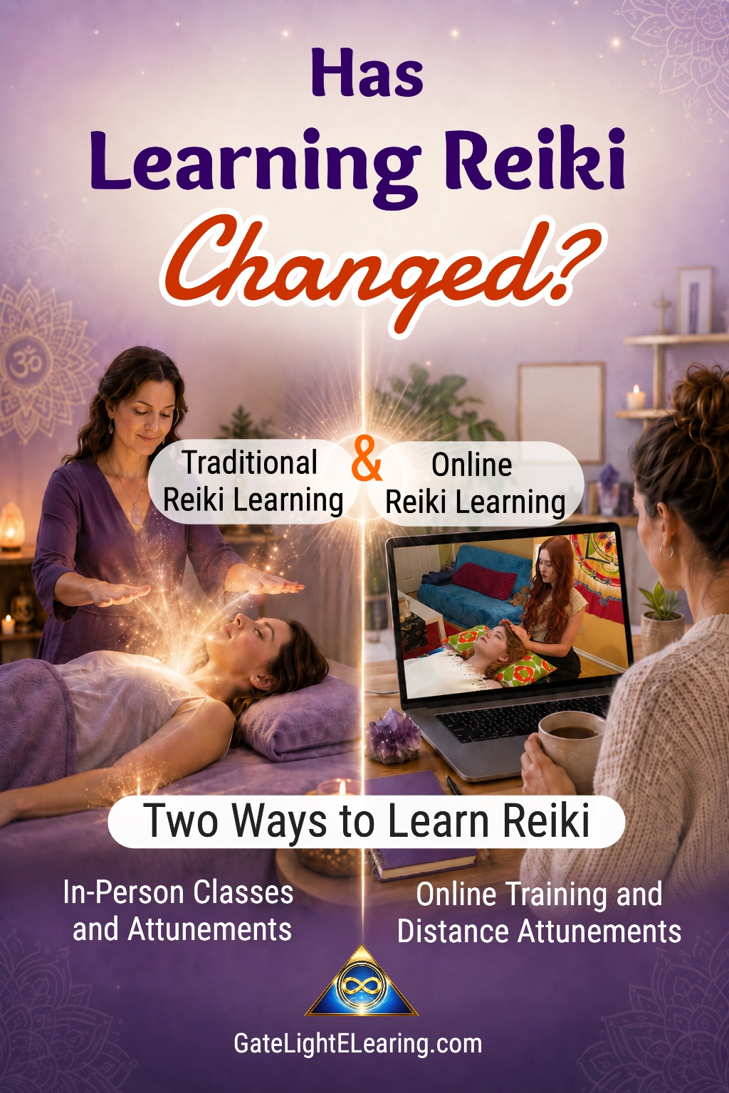 Pinterest image about learning Reiki, showing traditional in-person Reiki classes and online Reiki training with distance attunements as two ways to learn Reiki.
