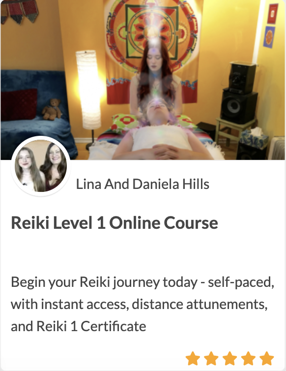 Reiki Level 1 course picture with Lina giving Reiki, text is about the Reiki Level 1 course