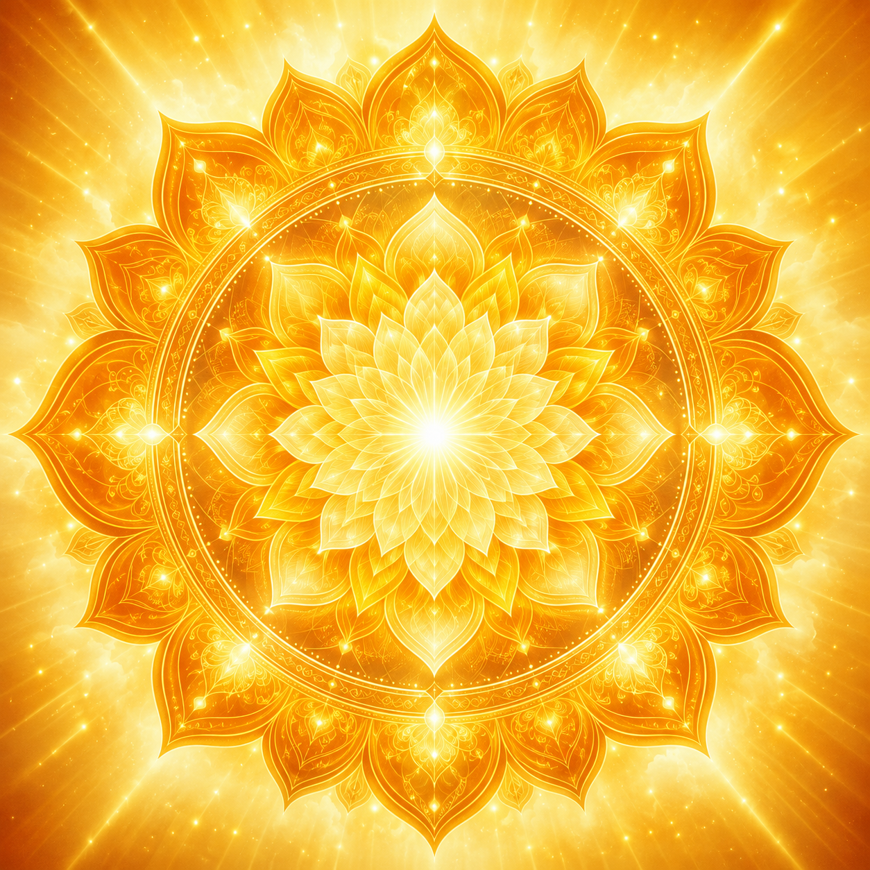 Golden sunlike mandala symbolizing Reiki healing energy, light, and spiritual connection.
