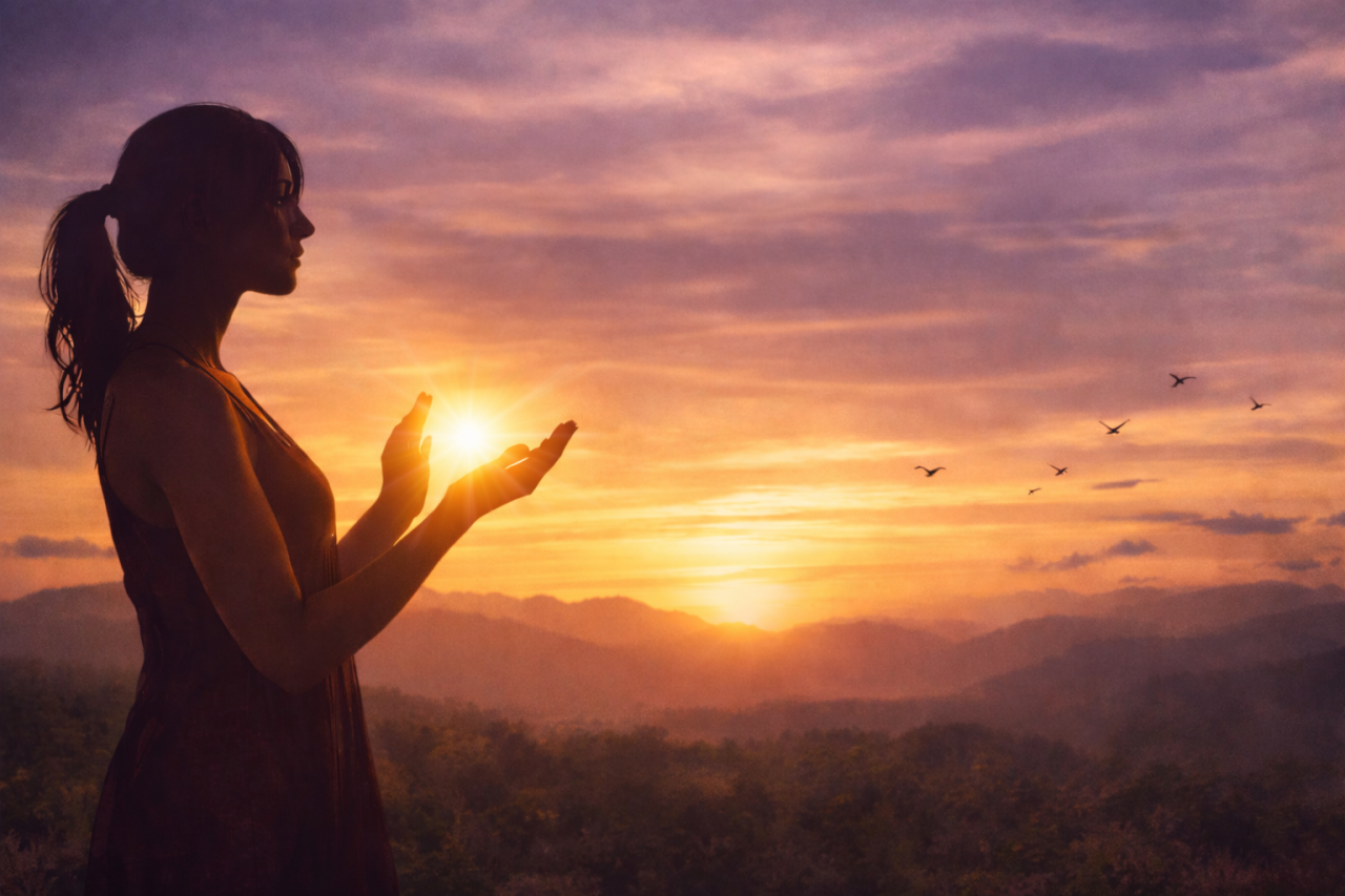 Person holding a glowing energy orb for Reiki healing with sunlight in the background