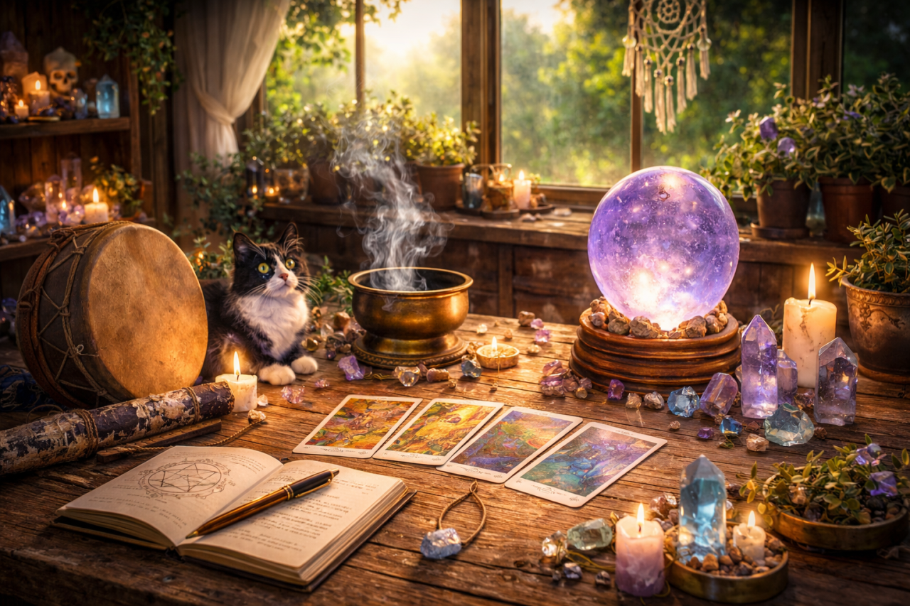 A warm mystical workspace by a sunlit window with a hand drum, a black-and-white cat, tarot cards, crystals, candles, an open notebook, and a glowing crystal ball.
