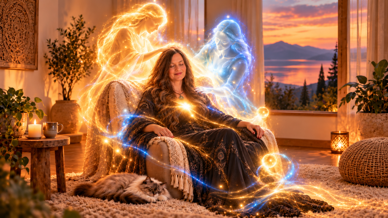 Daniela Hills practising Trance Healing, surrounded by glowing Spirit Friends and golden and blue healing energy.