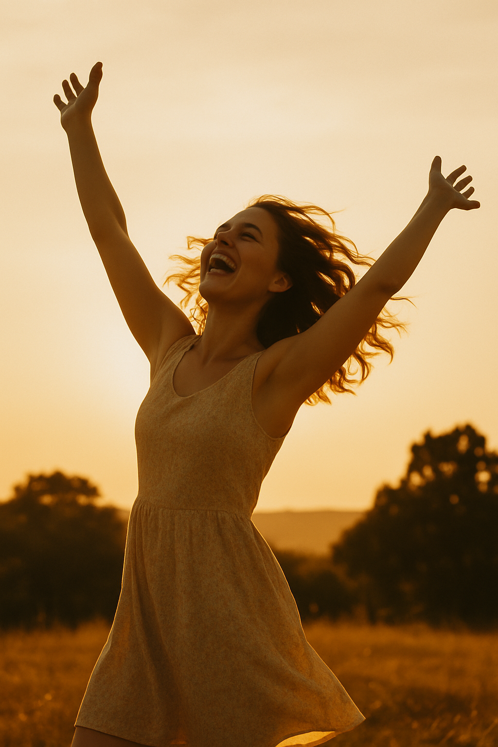 Woman dancing joyfully at sunset with open arms, expressing somatic movement and healing through Chakradance at The Heart Grove