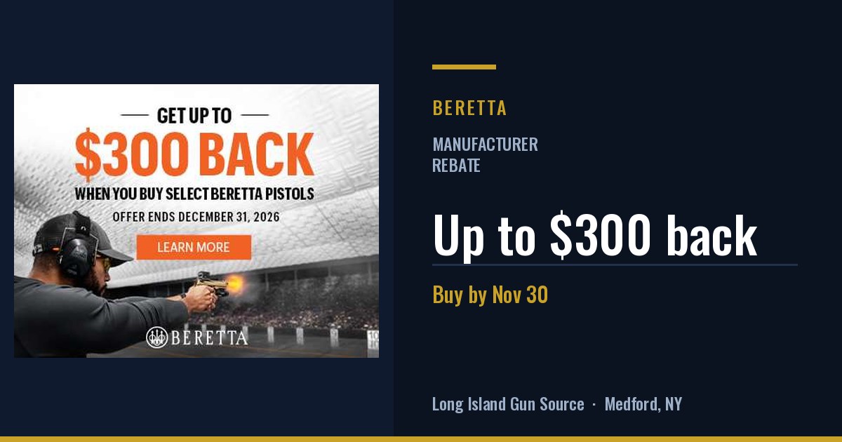 Beretta fall handgun rebates: up to $300 back