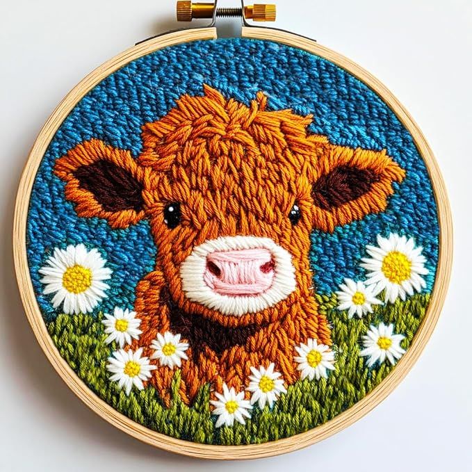 Cute Cartoon Highland Cow with Daisy Flower with Hoop Embroidery Punch Needle Starter Craft Set