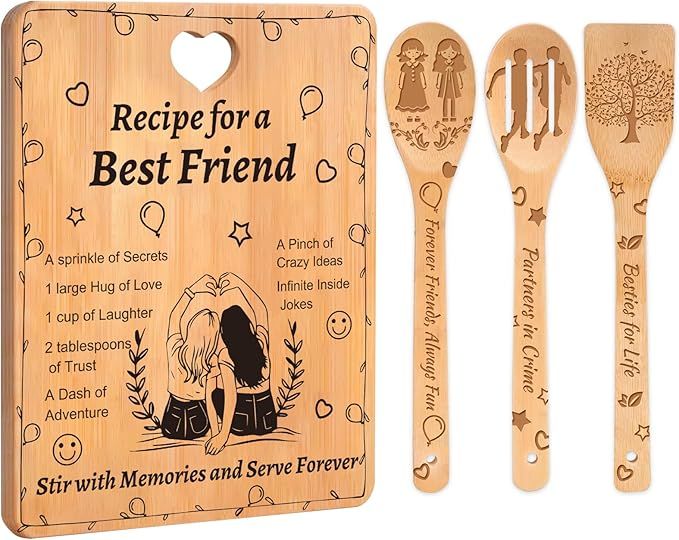 “Recipe for a Best Friend” Bamboo Cutting Board with Engraved Utensils