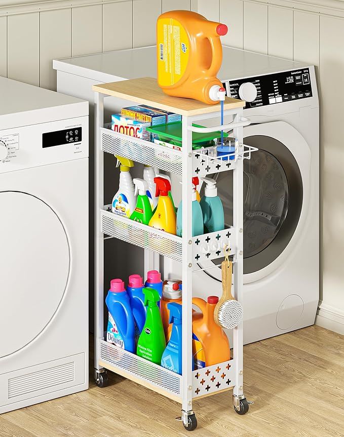 Rolling Slim Storage Cart, 4-Tier Narrow Bathroom Laundry Room Organization Cart