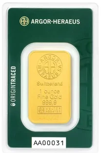1 oz Gold Bar Argor Heraeus Origin Traced (New in Assay)