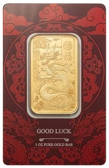 1 oz Gold Bar PAMP Suisse Good Luck Yellow Dragon (New in Assay)