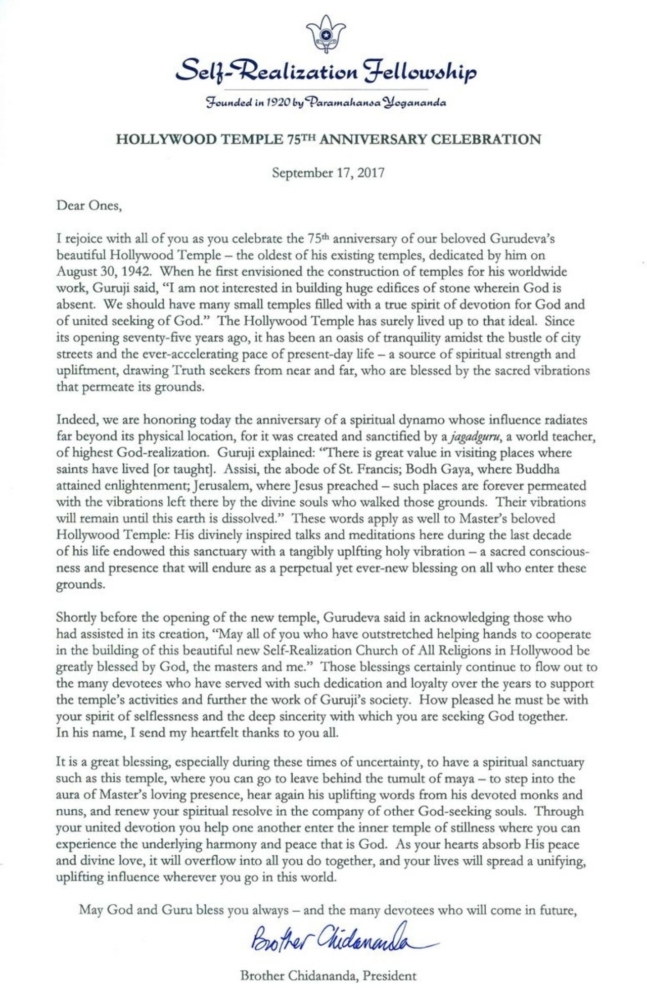 Hollywood Temple 75th Anniversary Letter from Brother Chidananda