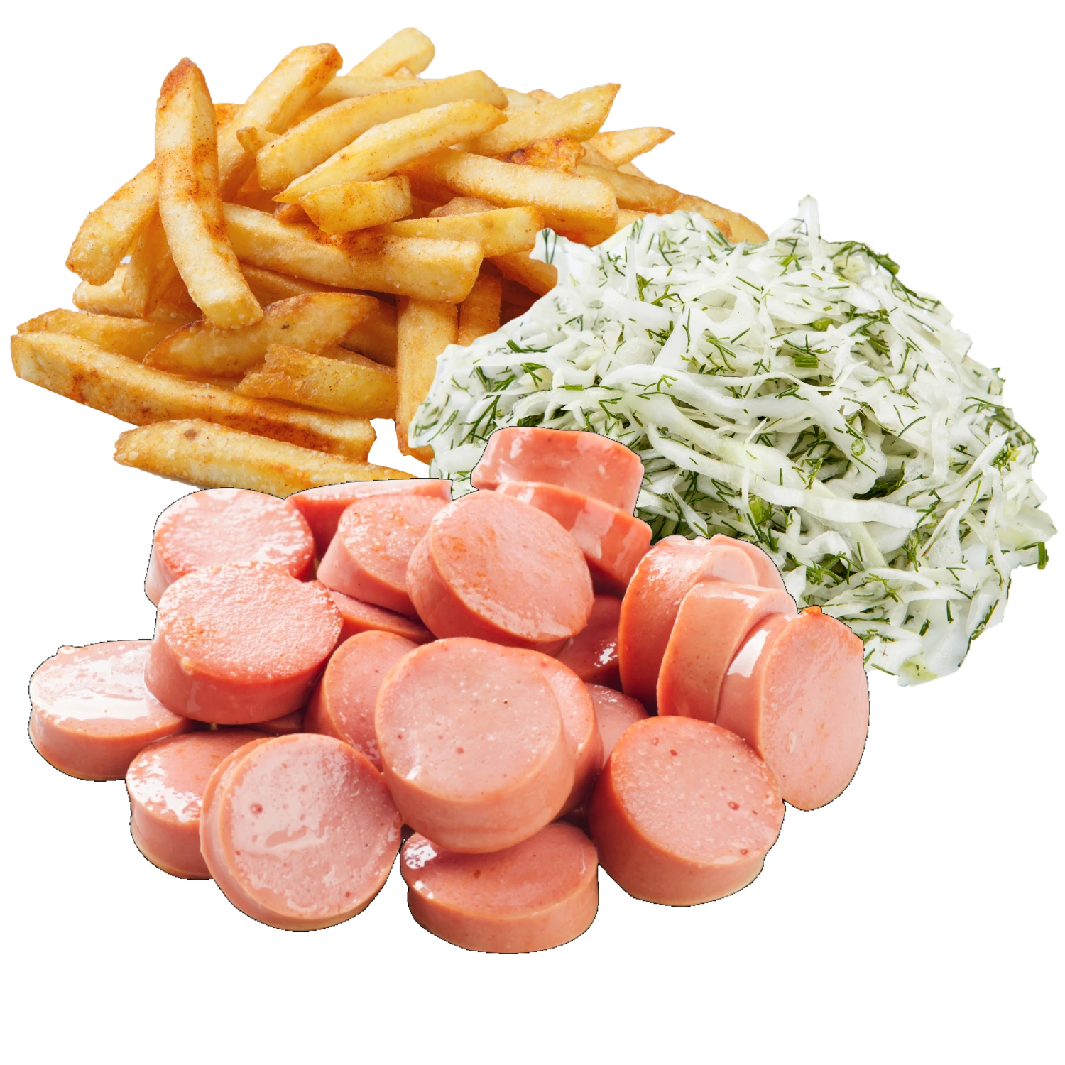 Сосиска з картоплею фрі та салатом з капусти і зелені